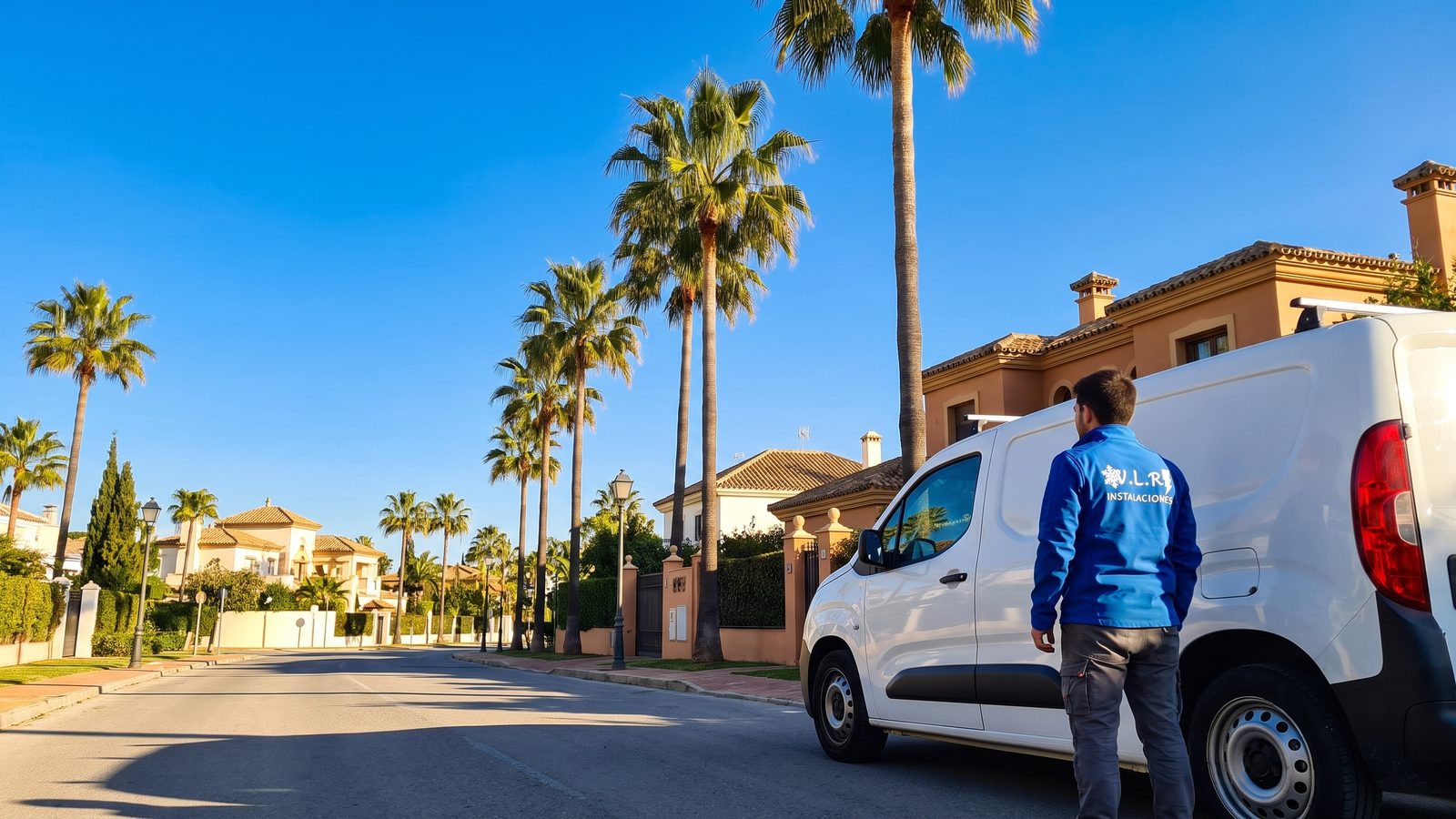 Electricista de VLR Instalaciones junto a la furgoneta en una calle de Málaga